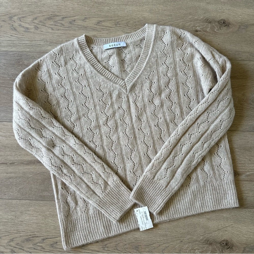 New Kokun 100% Cashmere V Neck Sweater Pointelle Stitch XS